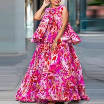 Женский свободный комплект из топа и юбки трапециевидного силуэта большого размера без рукавов с принтом и круглым вырезом M ярко-розовый