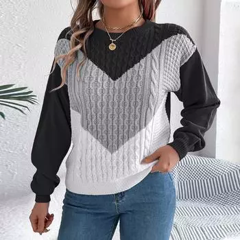 Женский свободный контрастный цвет круглый вырез вязаный свитер длинный рукав пуловер топ L