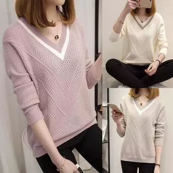 Женский свободный короткий трикотажный пуловер с V-образным вырезом, женский свитер с длинными рукавами, тонкий свитер, весна-осень, модные повседневные топы свободного покроя One size белый