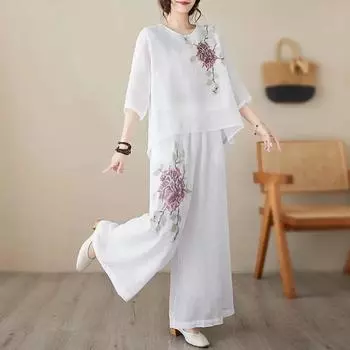 Женский свободный костюм больших размеров, винтажная хлопково-льняная рубашка с вышивкой + брюки, комплект из 2 предметов 4XL белый
