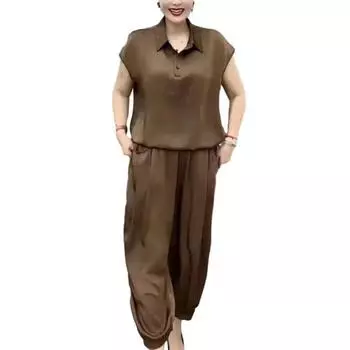 Женский свободный костюм-двойка с лацканами, V-образным вырезом и короткими рукавами, комплект из топа и длинных брюк, летний повседневный XL хаки