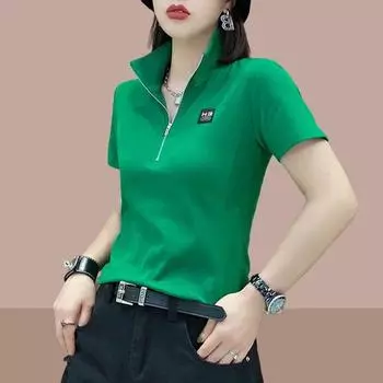 Женский свободный крой больших размеров с короткими рукавами и полумолнией в корейском стиле, повседневный летний топ M зелёный