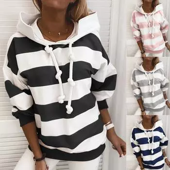 Женский свободный крой с длинными рукавами в европейском и американском стиле, модная модная толстовка с капюшоном в полоску для женщин S чёрный