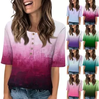 Женский свободный летний повседневный топ с круглым вырезом и пуговицами с половиной рукавов с градиентным принтом L синий