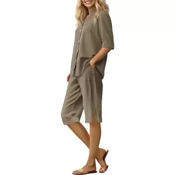 Женский свободный модный однотонный хлопково-льняной кардиган с рукавами семь восьмых и шорты S кофейный