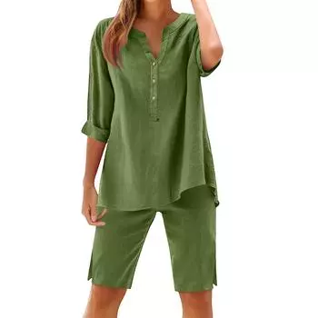 Женский свободный модный однотонный хлопковый льняной комплект с длинным рукавом и шортами на пуговицах XXL зелёный