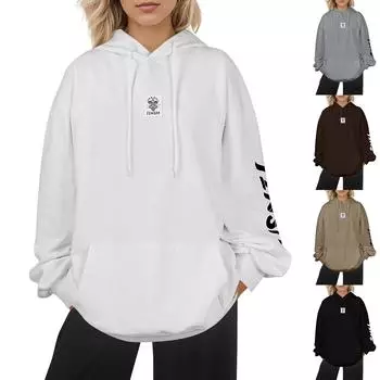 Женский свободный модный повседневный свитер с капюшоном с длинным рукавом и карманами L чёрный