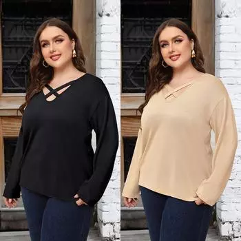 Женский свободный модный свитер с завязками больших размеров с длинными рукавами и V-образным вырезом, с принтом, с футболкой XL чёрный