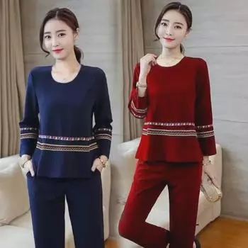 Женский свободный облегающий костюм больших размеров - M~5XL, длинный рукав, из двух частей, весна/осень 5XL вино красного