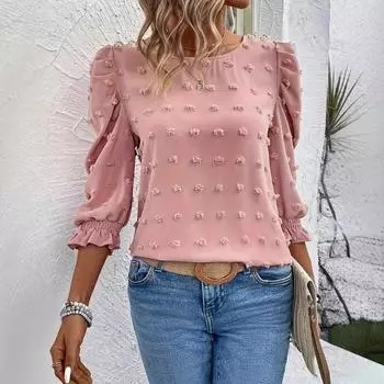 Женский свободный облегающий топ с круглым вырезом и длинными рукавами на весну и осень S персиковый