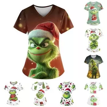 Женский свободный облегающий топ с принтом рождественского снеговика и V-образным вырезом, короткими рукавами и карманами XXXL коричневый