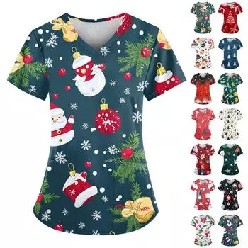 Женский свободный облегающий топ с принтом рождественского снеговика и V-образным вырезом, короткими рукавами и карманами XL синий
