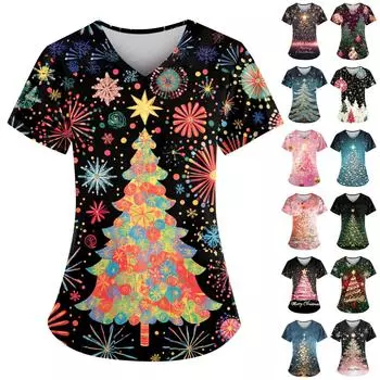 Женский свободный облегающий топ с принтом рождественского снеговика и V-образным вырезом, короткими рукавами и карманами XL