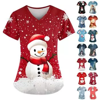 Женский свободный облегающий топ с принтом рождественского снеговика и V-образным вырезом, короткими рукавами и карманами S чёрный