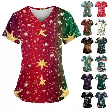 Женский свободный облегающий топ с принтом рождественского снеговика и V-образным вырезом, короткими рукавами и карманами S зелёный