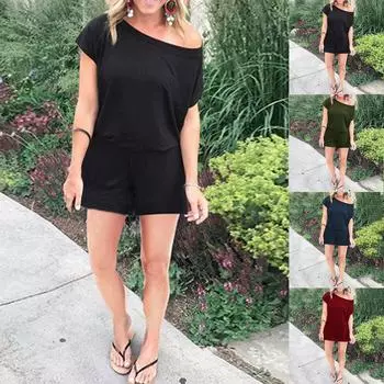 Женский свободный однотонный эластичный короткий комбинезон с открытыми плечами и эластичной резинкой на талии с карманами L