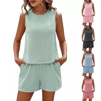Женский свободный однотонный комплект из двух предметов: жилет без рукавов, круглый вырез, шорты в полоску L