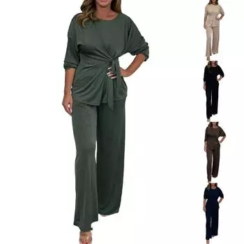 Женский свободный однотонный повседневный модный комплект из топа и брюк с круглым вырезом и длинными рукавами L бежевый