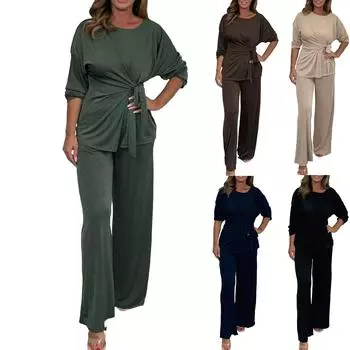 Женский свободный однотонный повседневный модный комплект из топа и брюк с круглым вырезом и длинными рукавами L бежевый