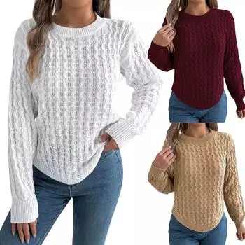 Женский свободный однотонный свитер с круглым вырезом и неровным подолом, длинный рукав, пуловер, топ L хаки