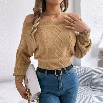 Женский свободный однотонный свитер с открытыми плечами, длинный рукав, пуловер, топ L хаки