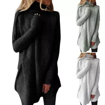 Женский свободный однотонный теплый вязаный свитер с длинным рукавом и шеей XL чёрный