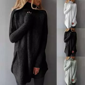 Женский свободный однотонный теплый вязаный свитер с длинным рукавом и шеей L