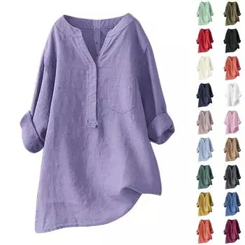 Женский свободный однотонный топ из хлопка и льна с воротником-стойкой и длинными рукавами на пуговицах XL