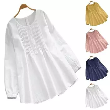 Женский свободный однотонный универсальный топ из хлопка и льна с воротником на пуговицах L темно-синий