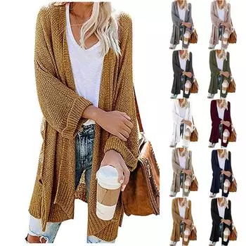 Женский свободный однотонный вязаный кардиган с рукавами 3/4, свитер с карманами, верхняя одежда, свитер, пальто L армия зеленый