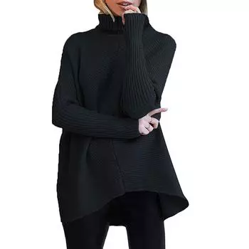 Женский свободный однотонный вязаный свитер с нерегулярным подолом и высоким воротом, длинный рукав L чёрный