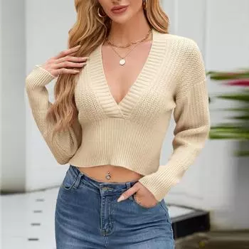 Женский свободный однотонный вязаный свитер с V-образным вырезом и длинными рукавами L бежевый