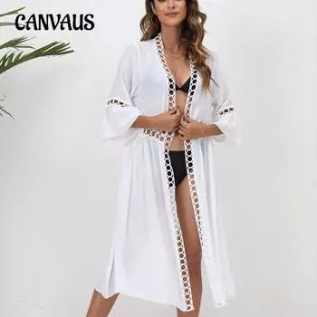 Женский свободный пляжный накидка больших размеров с рукавами семь четвертей, кружевной солнцезащитный кардиган S белый