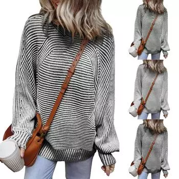 Женский свободный полосатый свитер с круглым вырезом и длинными рукавами, большой пуловер, топ