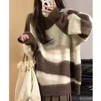 Женский свободный полосатый вязаный свитер, длинный рукав, пуловер с низом, корейские тонкие топы, повседневная одежда, осенние свитера для женщин One Size