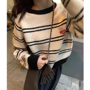 Женский свободный полосатый вязаный свитер с круглым вырезом, длинный рукав, пуловер с низом, милый мультяшный тонкий топ, повседневная одежда, осень One Size
