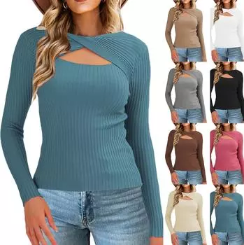 Женский свободный повседневный ажурный скрученный трикотажный свитер Базовый свитер Трикотажный свитер Базовый свитер M синий