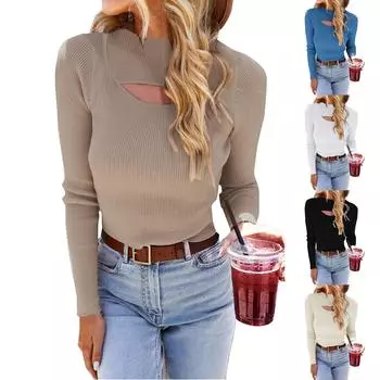 Женский свободный повседневный ажурный вязаный свитер Базовый свитер Топ Базовый свитер Топ Свитер Топ L бежевый