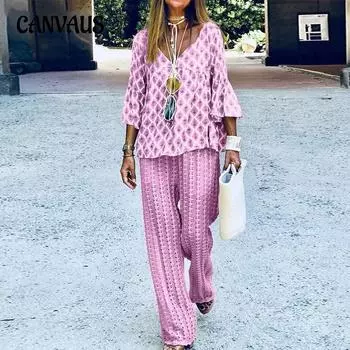 Женский свободный повседневный брючный костюм больших размеров с принтом и V-образным вырезом, спортивная одежда S синий