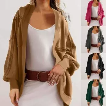 Женский свободный повседневный кардиган с длинным рукавом и капюшоном L чёрный