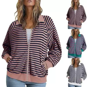 Женский свободный повседневный кардиган с полосатыми лацканами и контрастными карманами, длинный рукав, куртка XL розовый