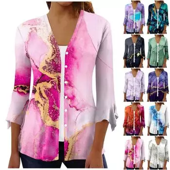 Женский свободный повседневный кардиган с расклешенными рукавами и пуговицами с рукавом три четверти с принтом Caot XXL