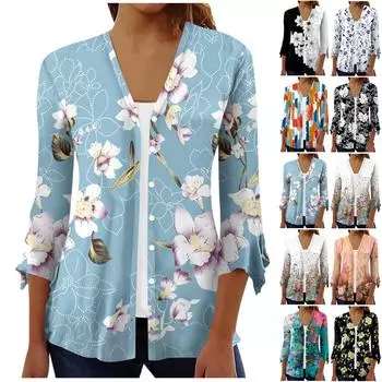 Женский свободный повседневный кардиган с расклешенными рукавами и пуговицами с рукавом три четверти с принтом Caot XL жёлтый