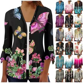 Женский свободный повседневный кардиган с рукавами три четверти с принтом и расклешенными рукавами на пуговицах XXXL чёрный