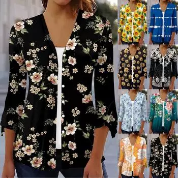 Женский свободный повседневный кардиган с рукавами три четверти с принтом и расклешенными рукавами на пуговицах XXL бежевый