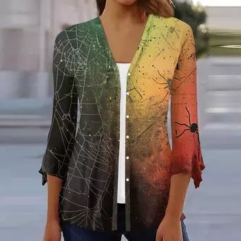 Женский свободный повседневный кардиган-топ с принтом и рукавами семь восьмых на пуговицах L