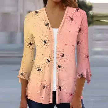 Женский свободный повседневный кардиган-топ с принтом и рукавами семь восьмых на пуговицах M розовый