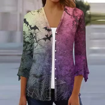 Женский свободный повседневный кардиган-топ с принтом и рукавами семь восьмых на пуговицах M фиолетовый