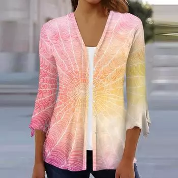 Женский свободный повседневный кардиган-топ с принтом и рукавами семь восьмых на пуговицах XXL розовый