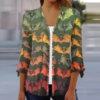 Женский свободный повседневный кардиган-топ с принтом и рукавами семь восьмых на пуговицах L армия зеленый